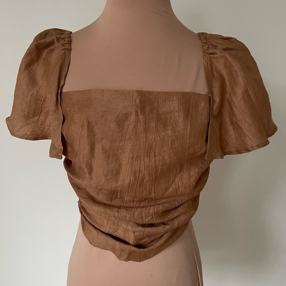 Maje Lostan Natural Brown Smocked Panel Linen Blend Flutter Sleeve Top EUC 1/S